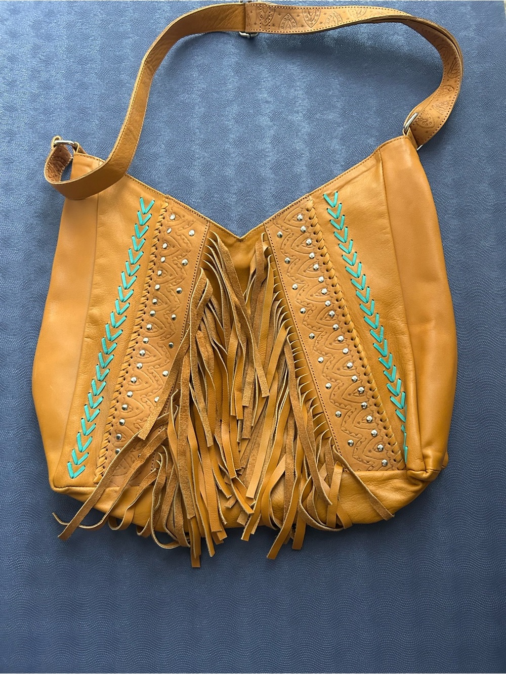 Fringed Mustard Leather Shoulder Bag with Turquoise Stitch Detail